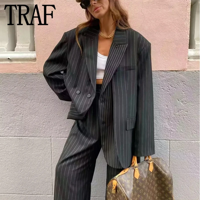 Striped Oversize Blazer Woman Black Women's Sack Blazers Long Sleeve Elegant Womens Jackets Office Casual Autumn Jacket