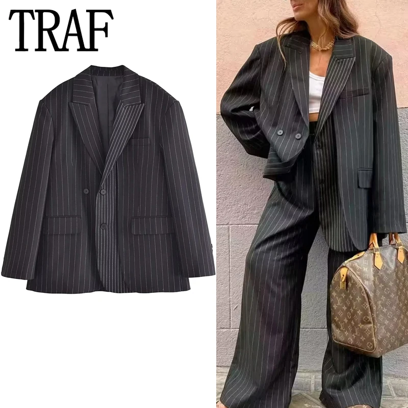 Striped Oversize Blazer Woman Black Women's Sack Blazers Long Sleeve Elegant Womens Jackets Office Casual Autumn Jacket