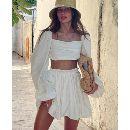 Women Sexy Beige Linen Two Piece Outfits Fashion Puff Sleeve Crop Shirts With High Waist Mini Skirt