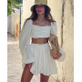 Women Sexy Beige Linen Two Piece Outfits Fashion Puff Sleeve Crop Shirts With High Waist Mini Skirt