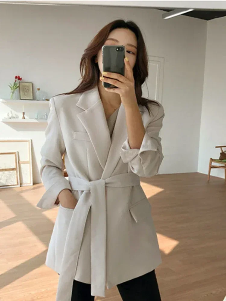 Women's Blazers Mid Length Fashion Coat Elegance Long Sleeve Belt Jackets Autumn Winter Casual Coat for Office Lady Fashion Tops