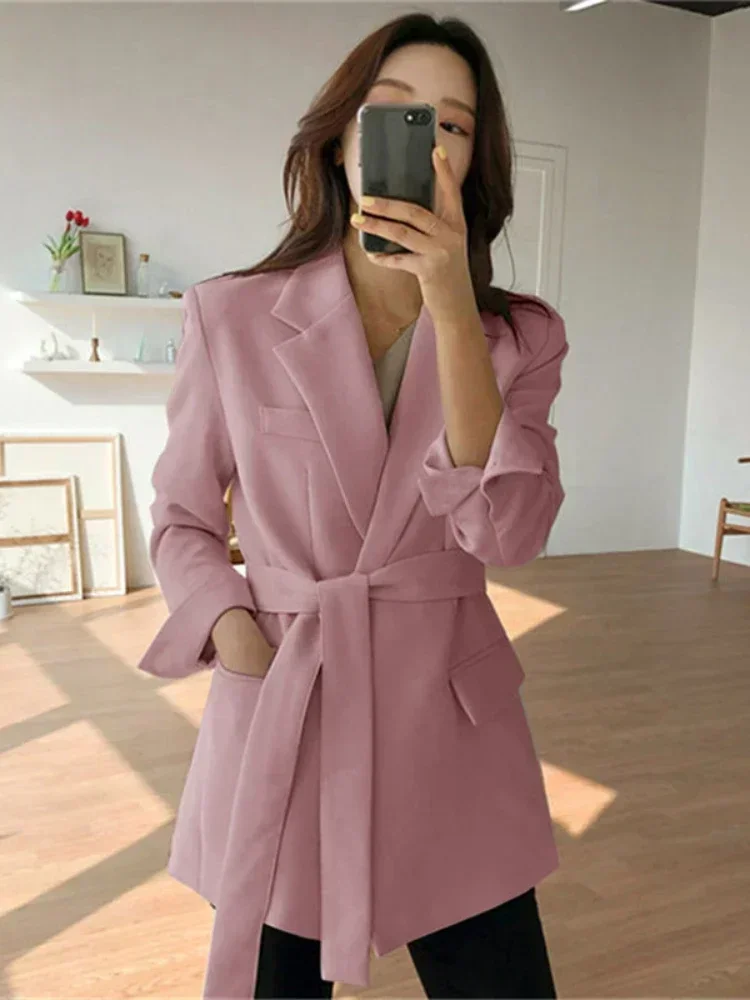 Women's Blazers Mid Length Fashion Coat Elegance Long Sleeve Belt Jackets Autumn Winter Casual Coat for Office Lady Fashion Tops