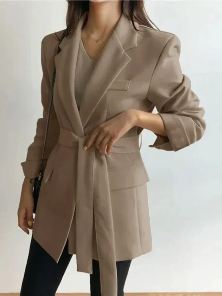 Women's Blazers Mid Length Fashion Coat Elegance Long Sleeve Belt Jackets Autumn Winter Casual Coat for Office Lady Fashion Tops
