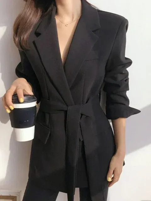 Women's Blazers Mid Length Fashion Coat Elegance Long Sleeve Belt Jackets Autumn Winter Casual Coat for Office Lady Fashion Tops