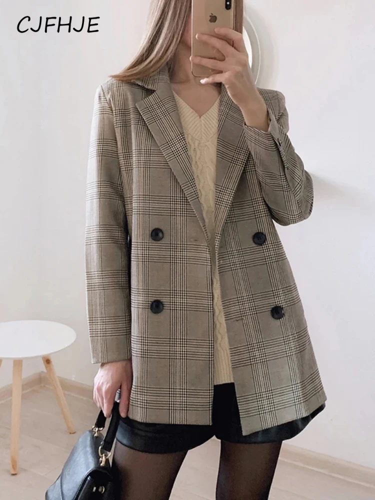 CJFHJE Ladies Notched Collar Plaid Women Korean Fashion Blazer Double Breasted Autumn Jacket Casual Pockets Female Suits Coat