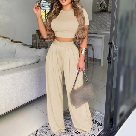 Women Two Piece Set Fashion O-Neck Slim Tops And Wide Leg Pants Suits Casual Outfits