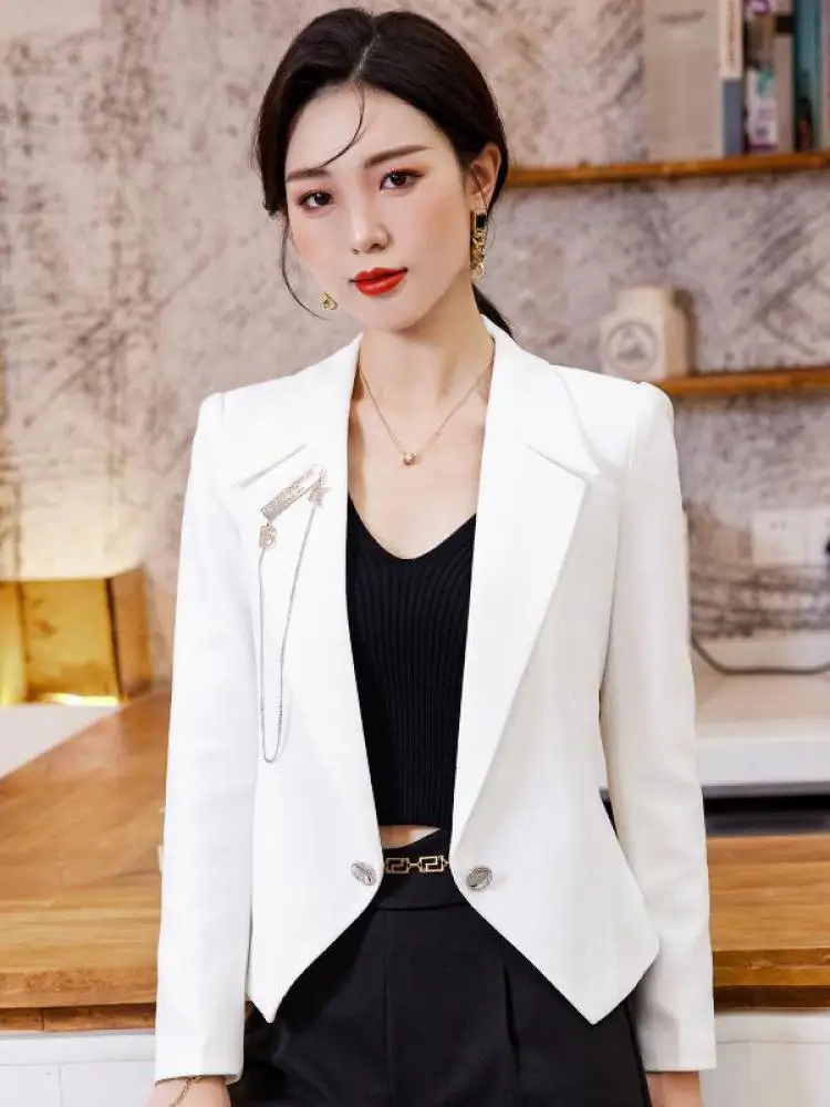 Black Elegant Office Short Blazer Jackets Women Autumn Fashion White Long Sleeve Casual Holiday Suit Tops Coat Simplicity Korean