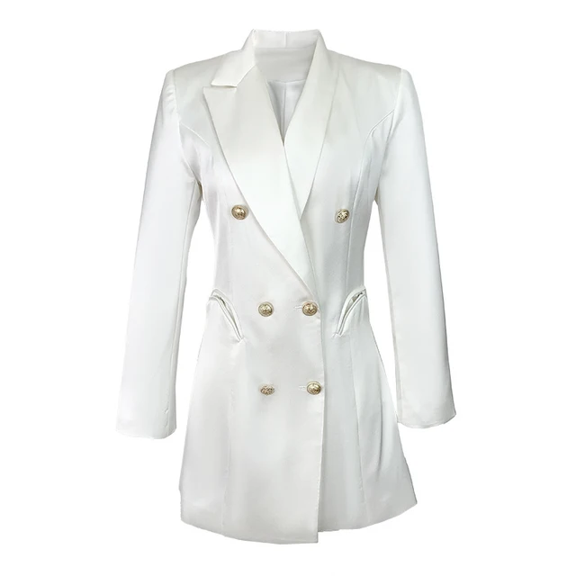 Spring Fashion Elegant Women Suit Jacket OL Office Professional Acetate White Double Breasted Pockets Blazer Femme Business