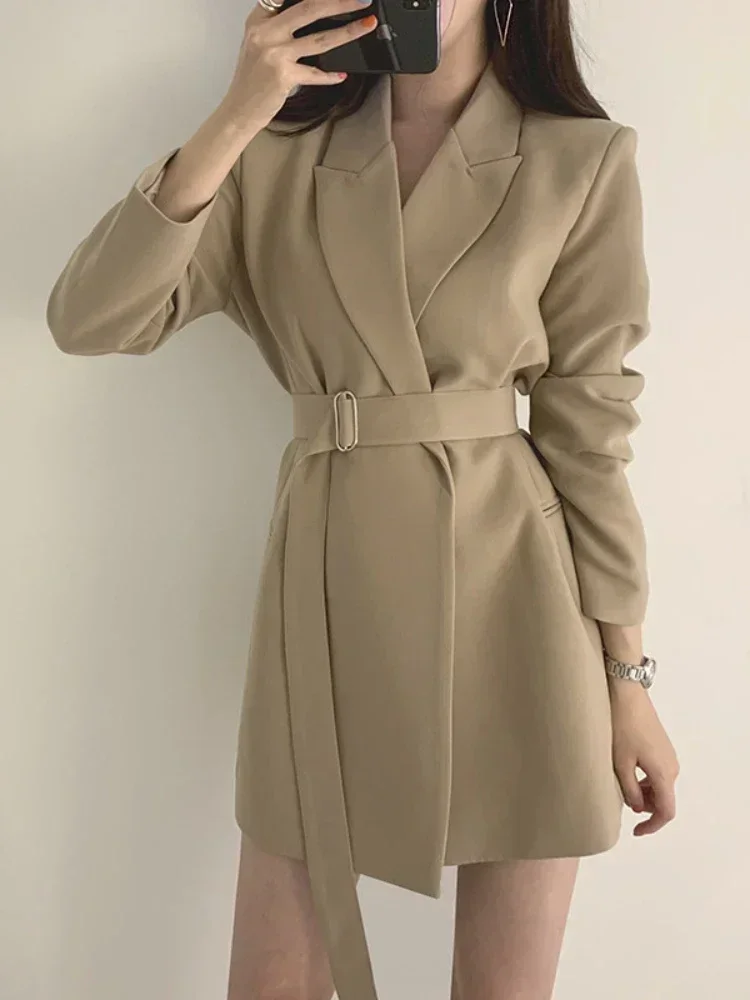 Office Wear Women Blazer Internet Celebrity Mujer Jacket Mid-length Belt Tops Blazers for Women Clothing Outerwear Chic Coats