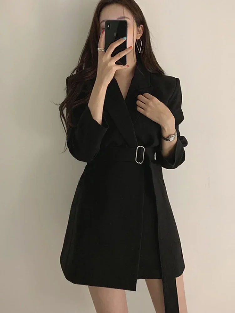 Office Wear Women Blazer Internet Celebrity Mujer Jacket Mid-length Belt Tops Blazers for Women Clothing Outerwear Chic Coats