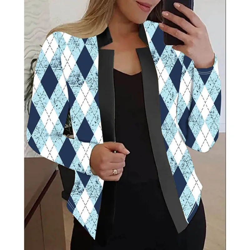 Autumn and Winter Women's Standing Neck Stripe Plaid Contrast Sequined Spliced Cardigan Long Sleeve Coat Fashion Casual Tops