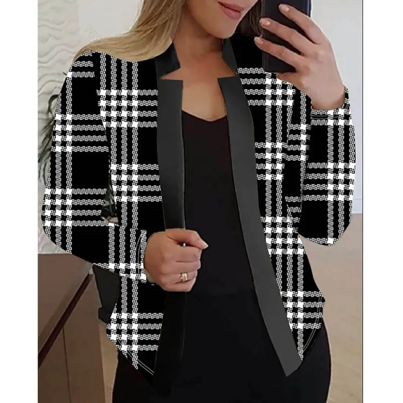 Autumn and Winter Women's Standing Neck Stripe Plaid Contrast Sequined Spliced Cardigan Long Sleeve Coat Fashion Casual Tops