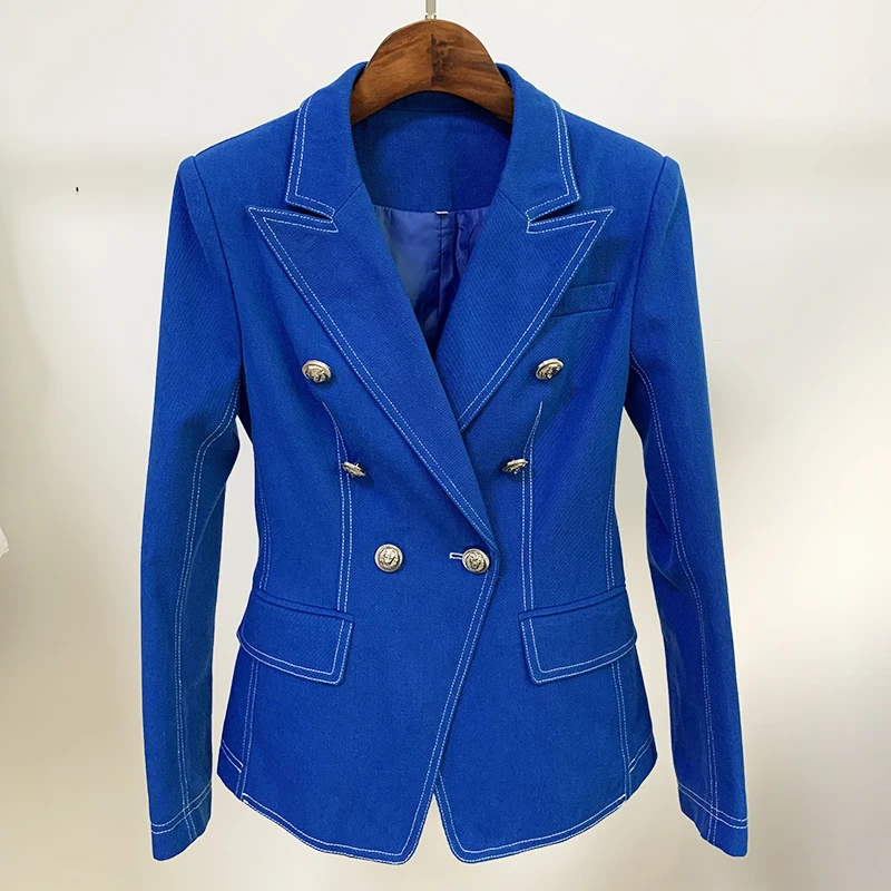 HIGH QUALITY New Fashion  Designer Jacket Women's Top Stitching Contrast Lion Buttons Double Breasted Denim Blazer
