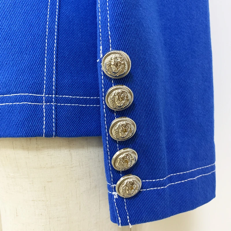 HIGH QUALITY New Fashion  Designer Jacket Women's Top Stitching Contrast Lion Buttons Double Breasted Denim Blazer