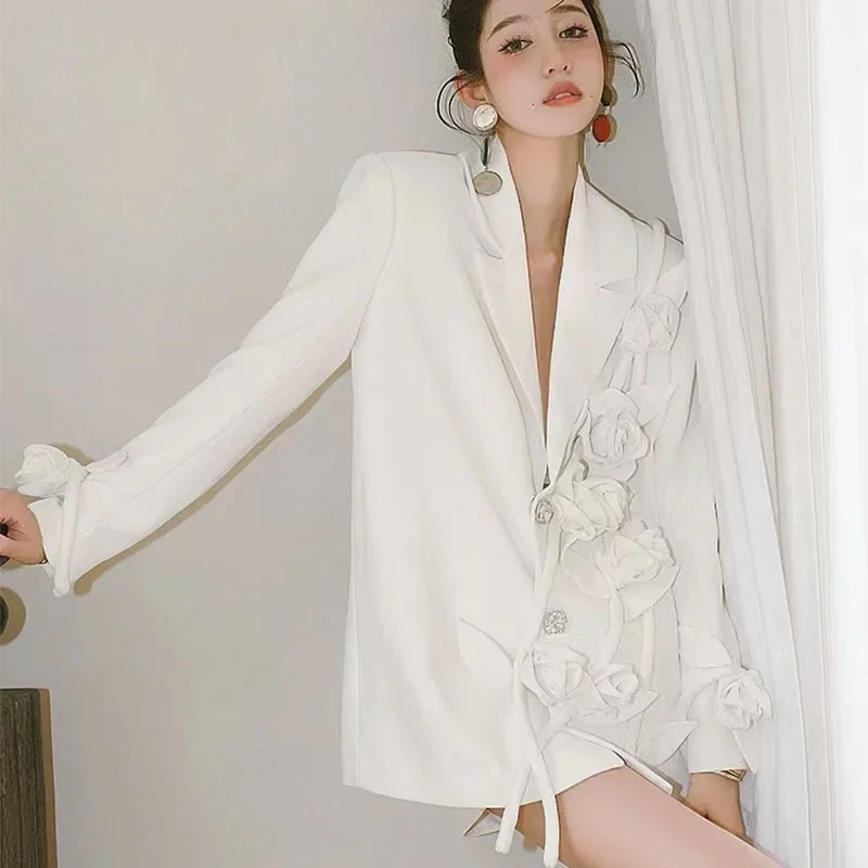 Plus Size Fall Winter Women Fashion Notched Long Sleeve 3d Rose Flower Appliques Button Loose Casual White Blazer