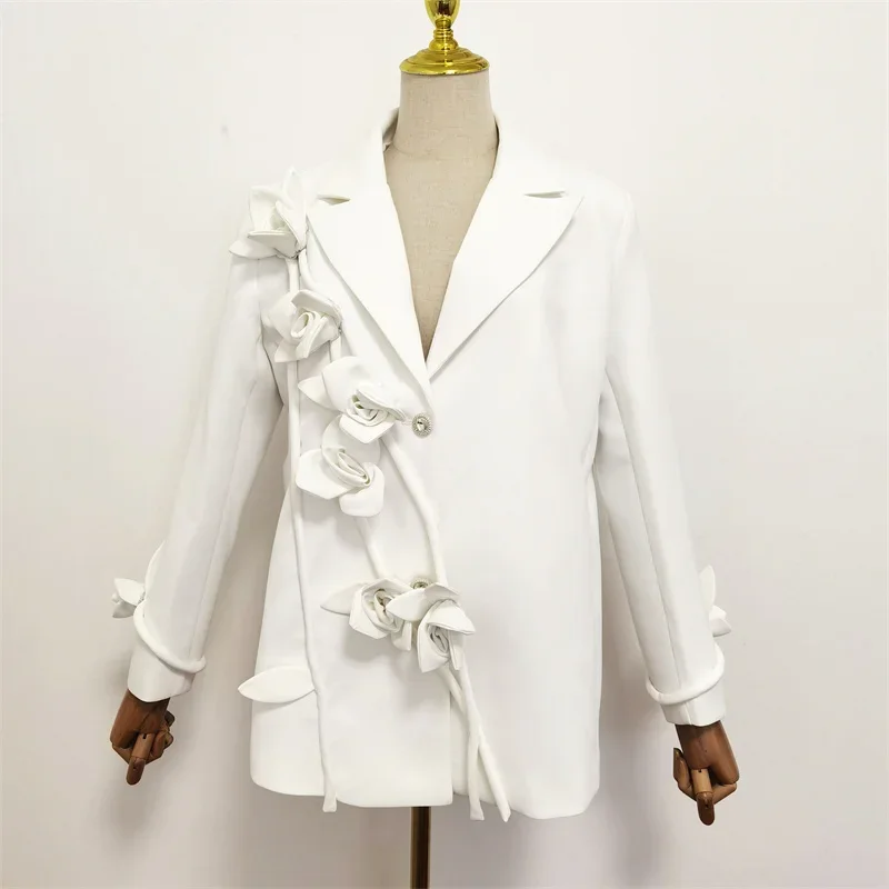 Plus Size Fall Winter Women Fashion Notched Long Sleeve 3d Rose Flower Appliques Button Loose Casual White Blazer