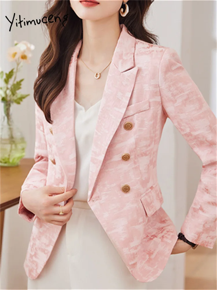 Yitimuceng Jacquard Blazers for Women  Office Ladies New Fashion Notched Slim Jacket Chic Long Sleeve Double Breasted Coats