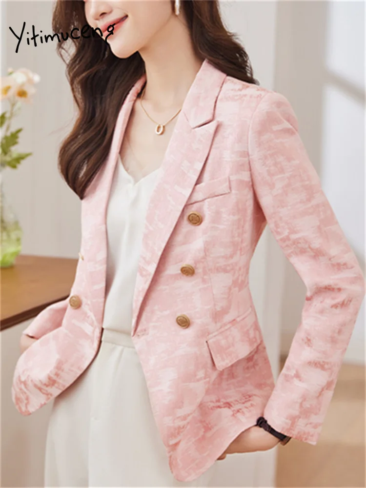 Yitimuceng Jacquard Blazers for Women  Office Ladies New Fashion Notched Slim Jacket Chic Long Sleeve Double Breasted Coats