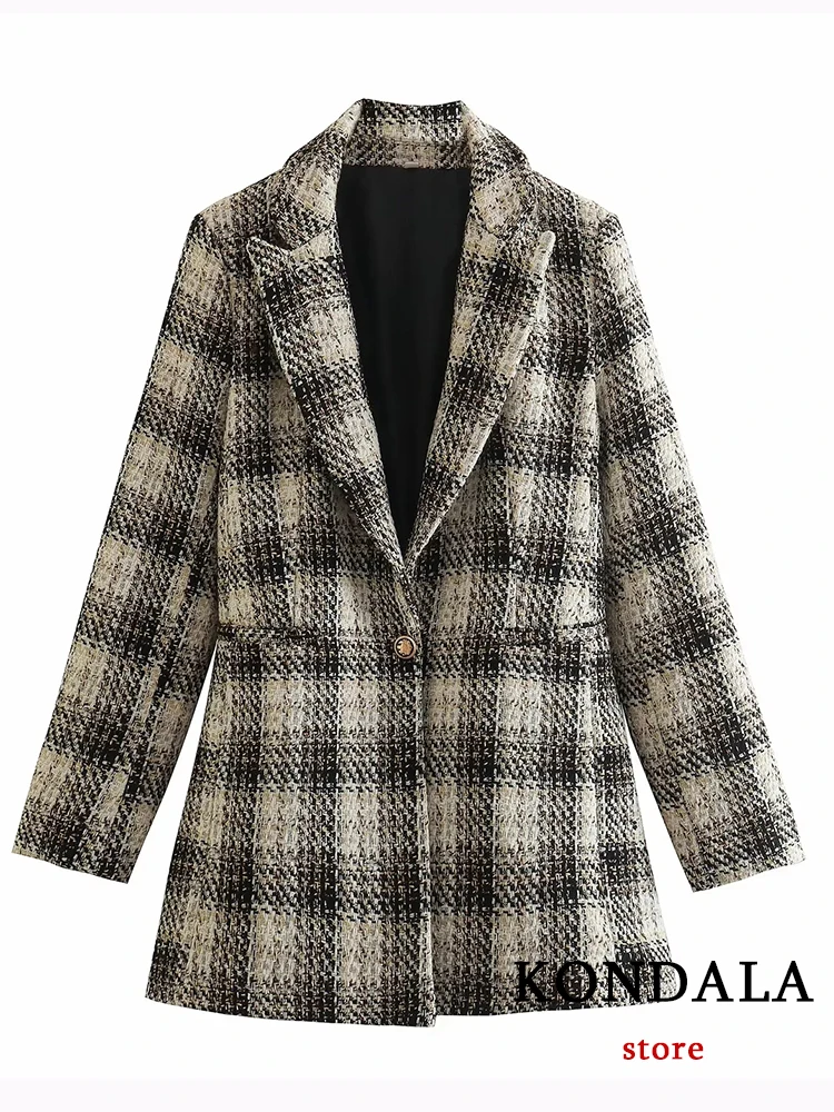 Office Lady Plaid Twist Blazer Women V Neck Pocket Oversized Long Jackets Fashion 2023 Vintage Female Blazer Stylish Top