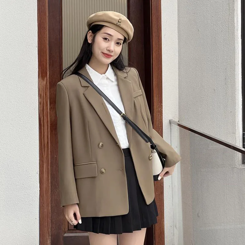 Women Casual Blazers Loose Double-Breasted Jackets Woman All-Match Long Sleeve Suit Coat