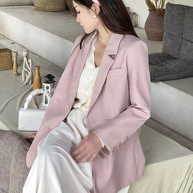 Women Casual Blazers Loose Double-Breasted Jackets Woman All-Match Long Sleeve Suit Coat
