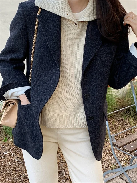 Women Wool Blazer Notched Slim Jacket Vintage Single Breasted Long Sleeve Casual Coats