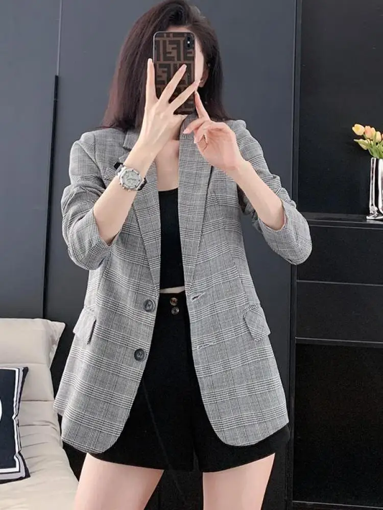 Women Plaid Blazer Coat Long Sleeve Single Breasted Slim Suit Jacket