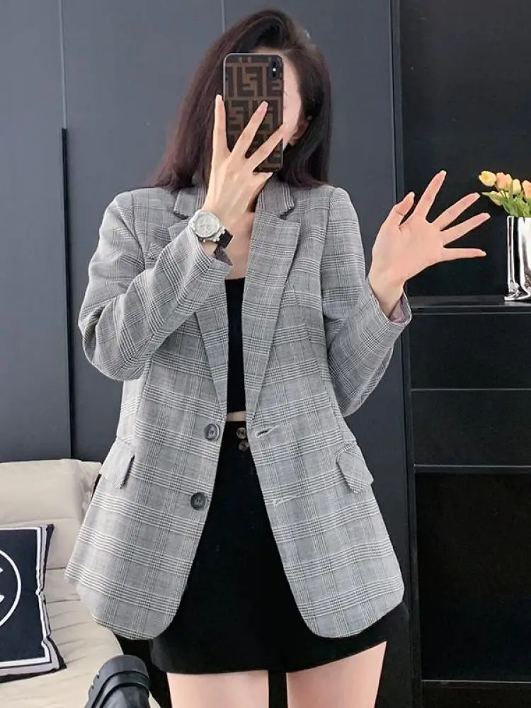 Women Plaid Blazer Coat Long Sleeve Single Breasted Slim Suit Jacket