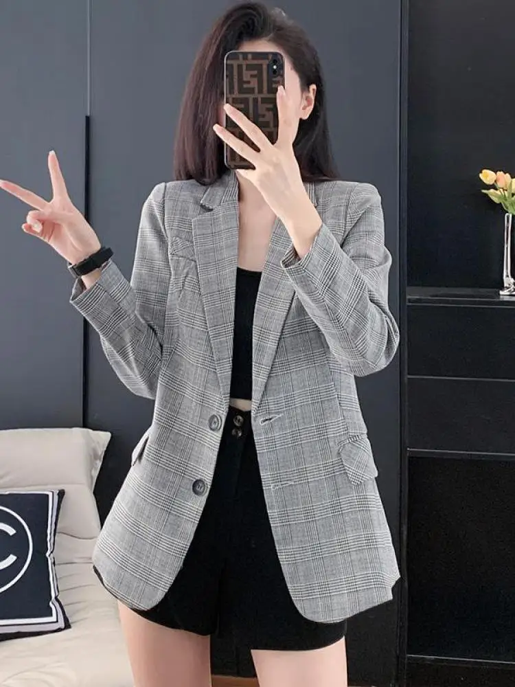 Women Plaid Blazer Coat Long Sleeve Single Breasted Slim Suit Jacket