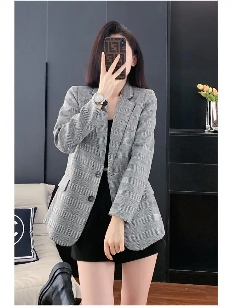 Women Plaid Blazer Coat Long Sleeve Single Breasted Slim Suit Jacket
