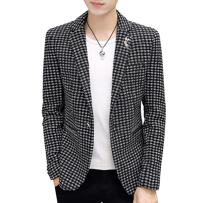 Men's Thick Suit Youth Plaid Jacquard Slim Casual Jacket Blazer