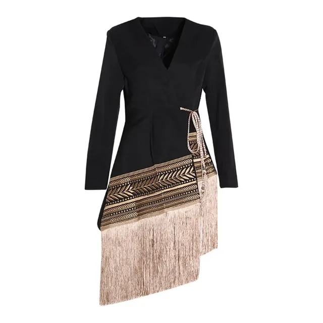 Women Elegant Patchwork Tassel Blazers V Neck Long Sleeve Hit Color Spliced Lace Up Casual Blazer