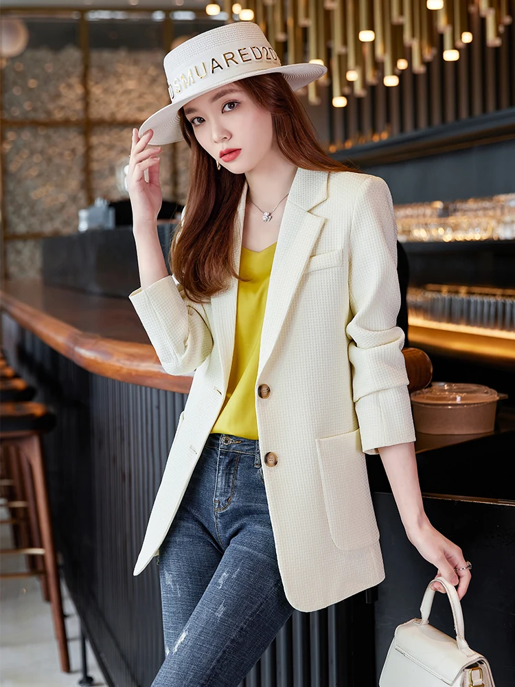 Women Formal Blazer Coat Plaid Long Sleeve Single Breasted Jacket With Pocket