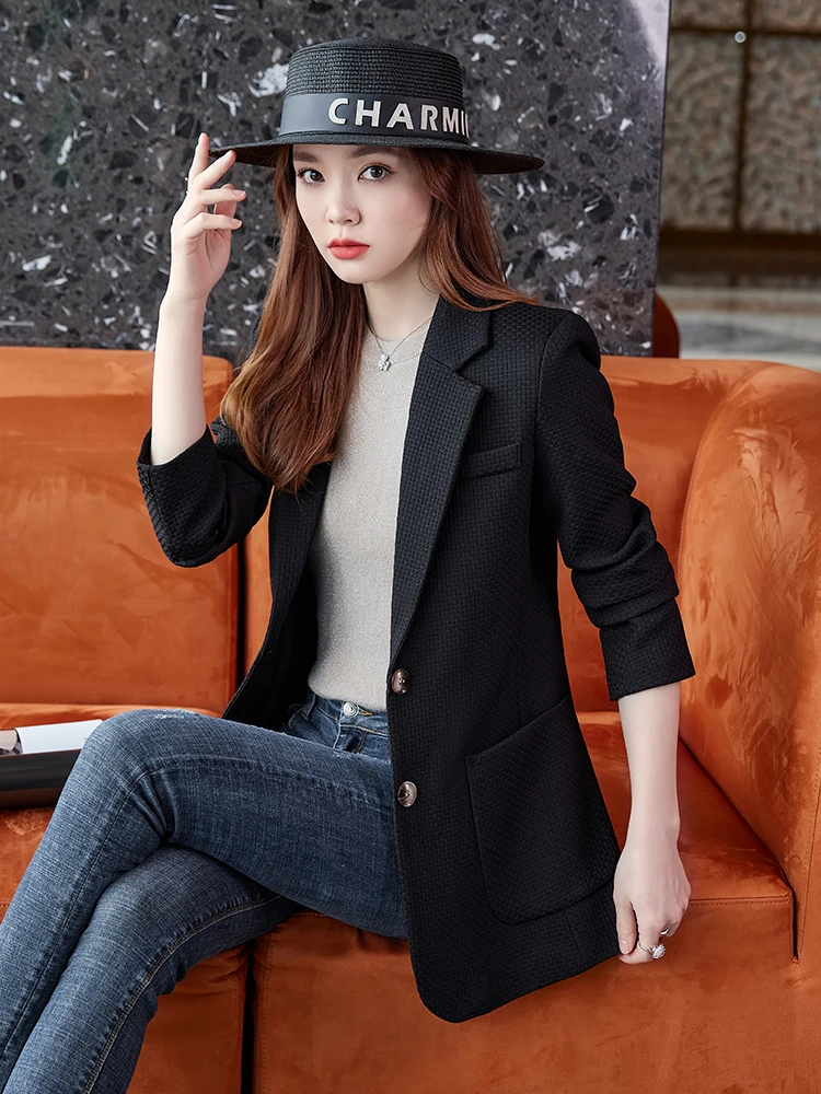 Women Formal Blazer Coat Plaid Long Sleeve Single Breasted Jacket With Pocket