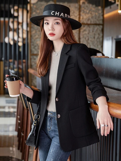 Women Formal Blazer Coat Plaid Long Sleeve Single Breasted Jacket With Pocket