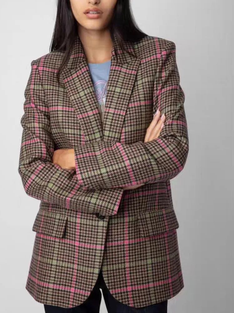 Women Plaid Wool Blazer Coat Back Slit Long Sleeve Simple Single Button Suit Coat