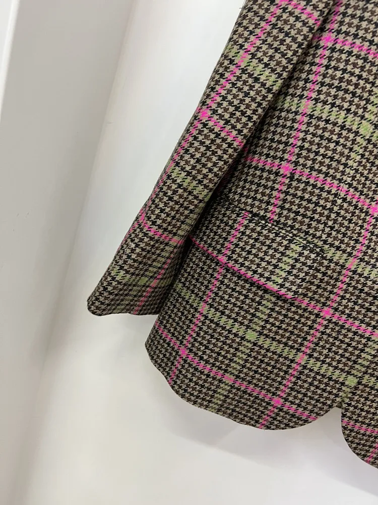 Women Plaid Wool Blazer Coat Back Slit Long Sleeve Simple Single Button Suit Coat