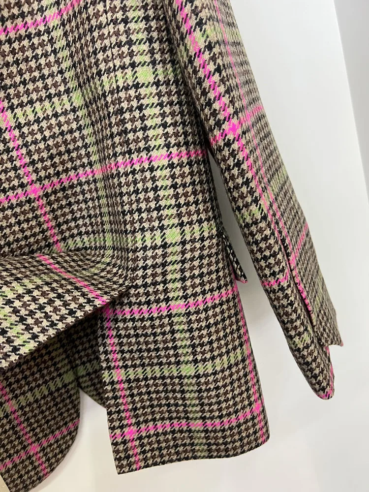 Women Plaid Wool Blazer Coat Back Slit Long Sleeve Simple Single Button Suit Coat