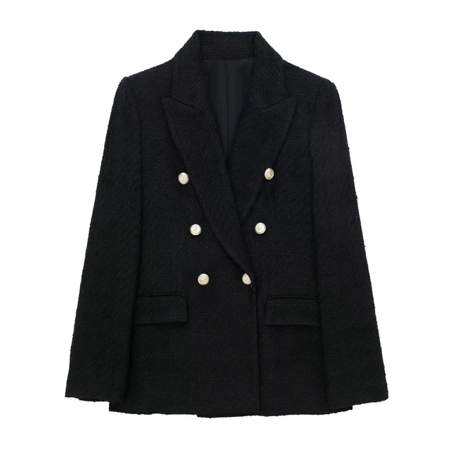 Woman Casual Outerwear Double Breasted Coarse Pattern Blazer Coat Vintage Long Sleeve Flap Pockets Coat