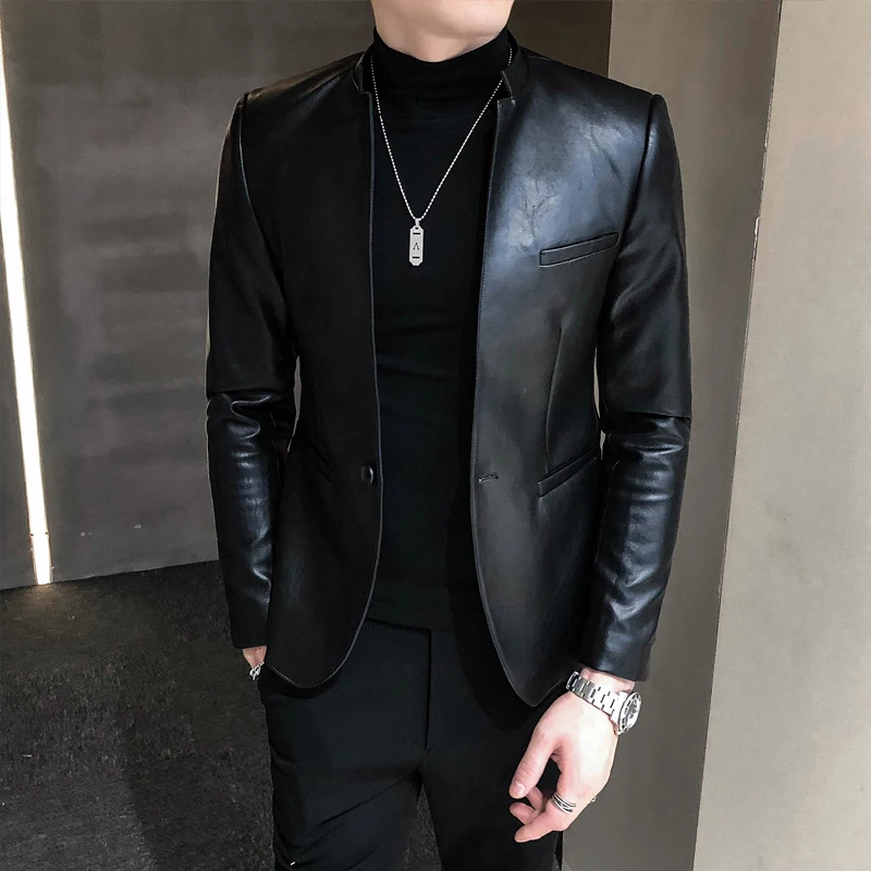 Men's High Quality Casual leather jacket slim fit business leather Blazer Suit Coats