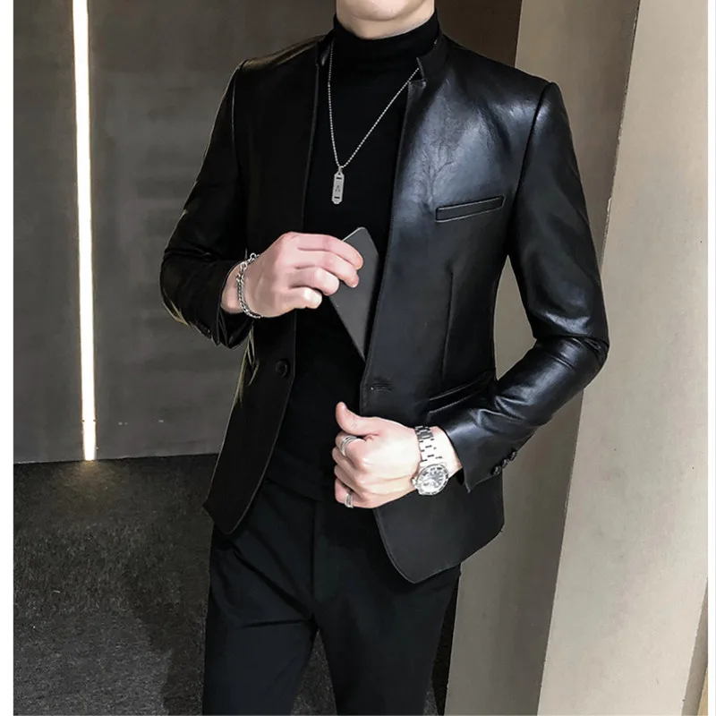 Men's High Quality Casual leather jacket slim fit business leather Blazer Suit Coats