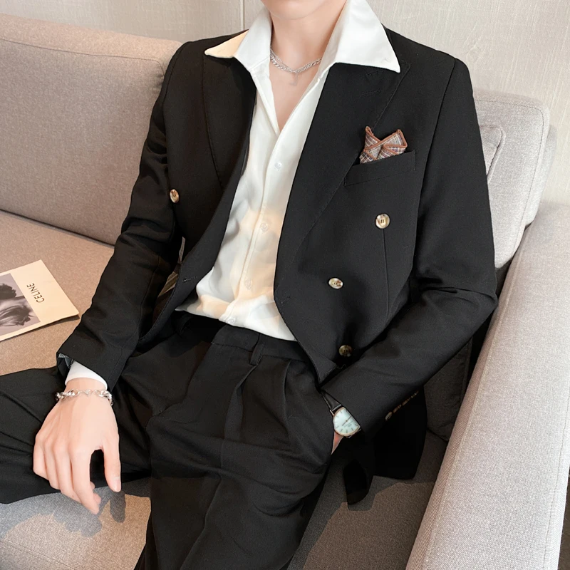 Men Casual Blazer Hombre Fashion Double Breasted Slim Suit Solid Color Suit Jacket