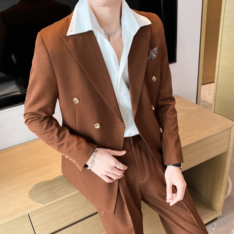 Men Casual Blazer Hombre Fashion Double Breasted Slim Suit Solid Color Suit Jacket