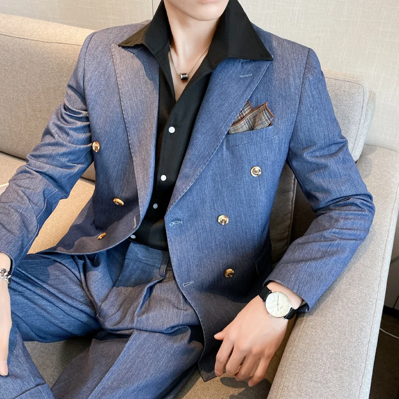 Men Casual Blazer Hombre Fashion Double Breasted Slim Suit Solid Color Suit Jacket