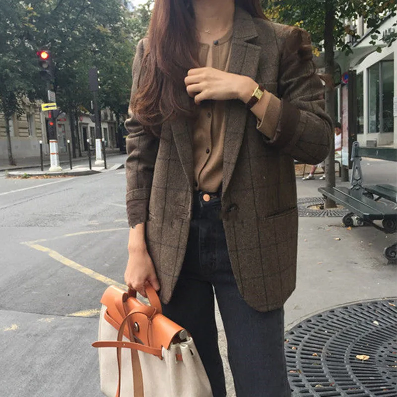 Women Plaid Blazer Korean Style Slim Long Sleeve Casual Fashion Business Suit Coats