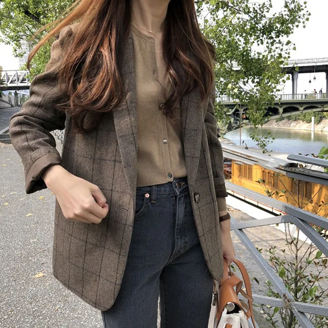 Women Plaid Blazer Korean Style Slim Long Sleeve Casual Fashion Business Suit Coats