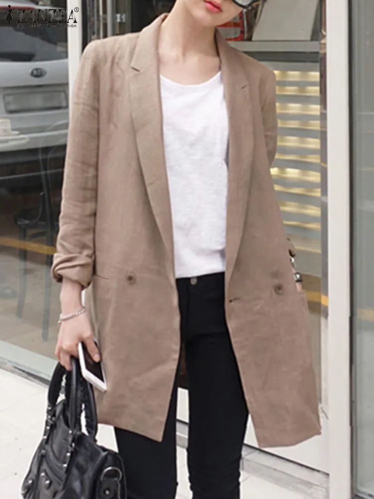 Women Long Sleeve Blazer Loose Outwears Oversized Casual Solid Cotton Linen Lapel Coat Jackets