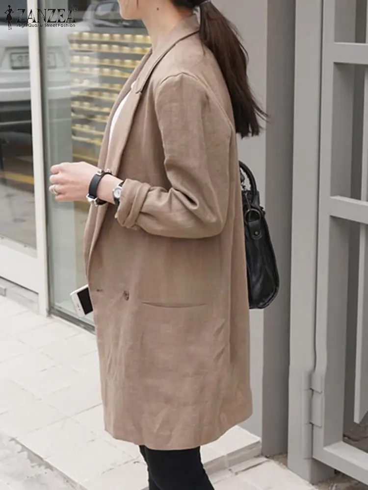 Women Long Sleeve Blazer Loose Outwears Oversized Casual Solid Cotton Linen Lapel Coat Jackets