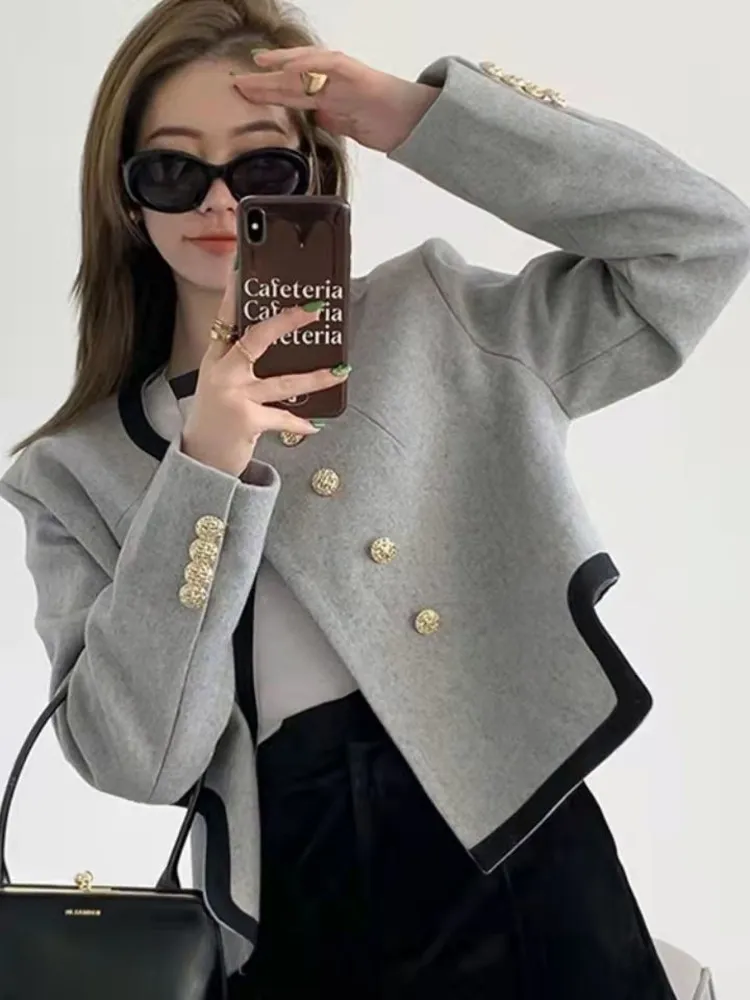 Women's Blazer Chic Elegant Round Neck Clothing Casual Temperament Double-breasted Irregular Long Sleeve Coat Clothes Top New