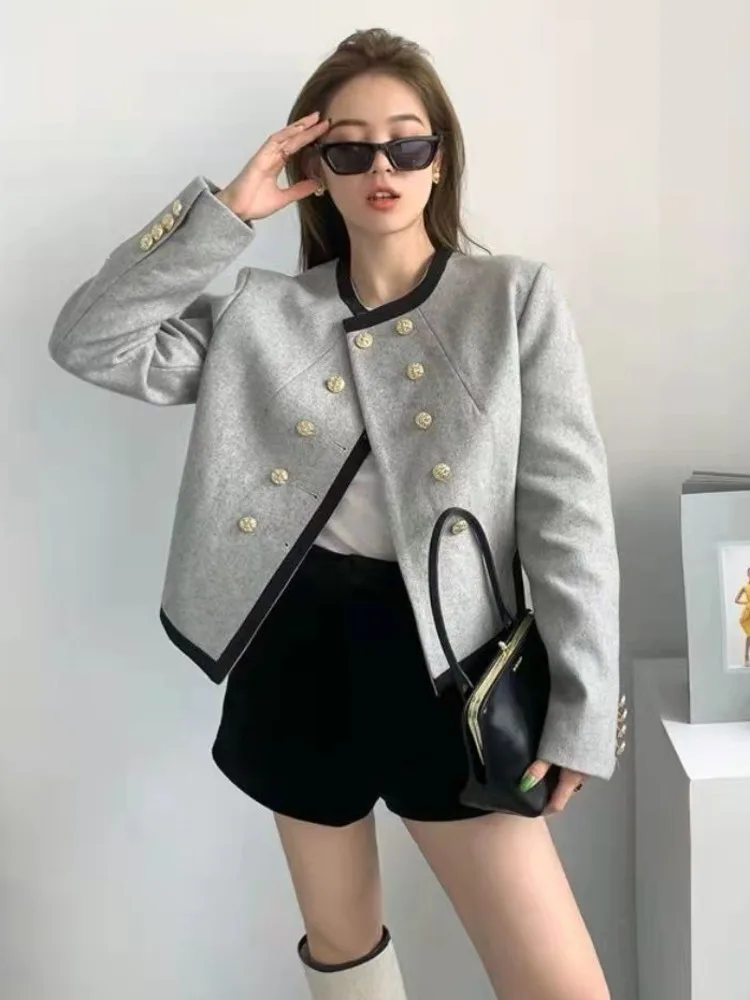 Women's Blazer Chic Elegant Round Neck Clothing Casual Temperament Double-breasted Irregular Long Sleeve Coat Clothes Top New